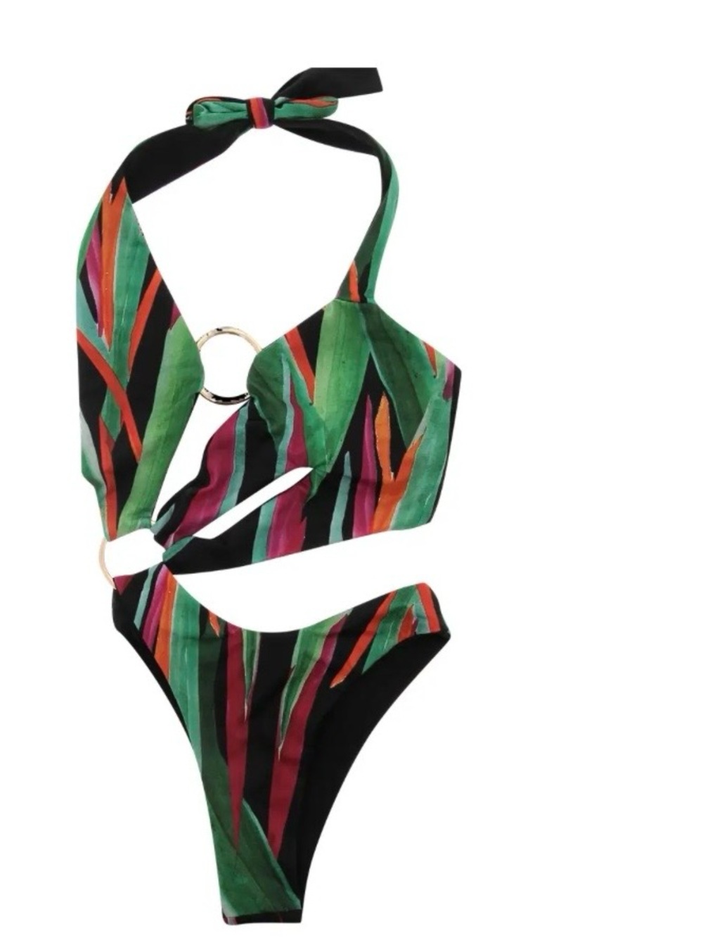 Louisa Ballou Black One-Piece with Green and Pink Tropical Stripe Accents